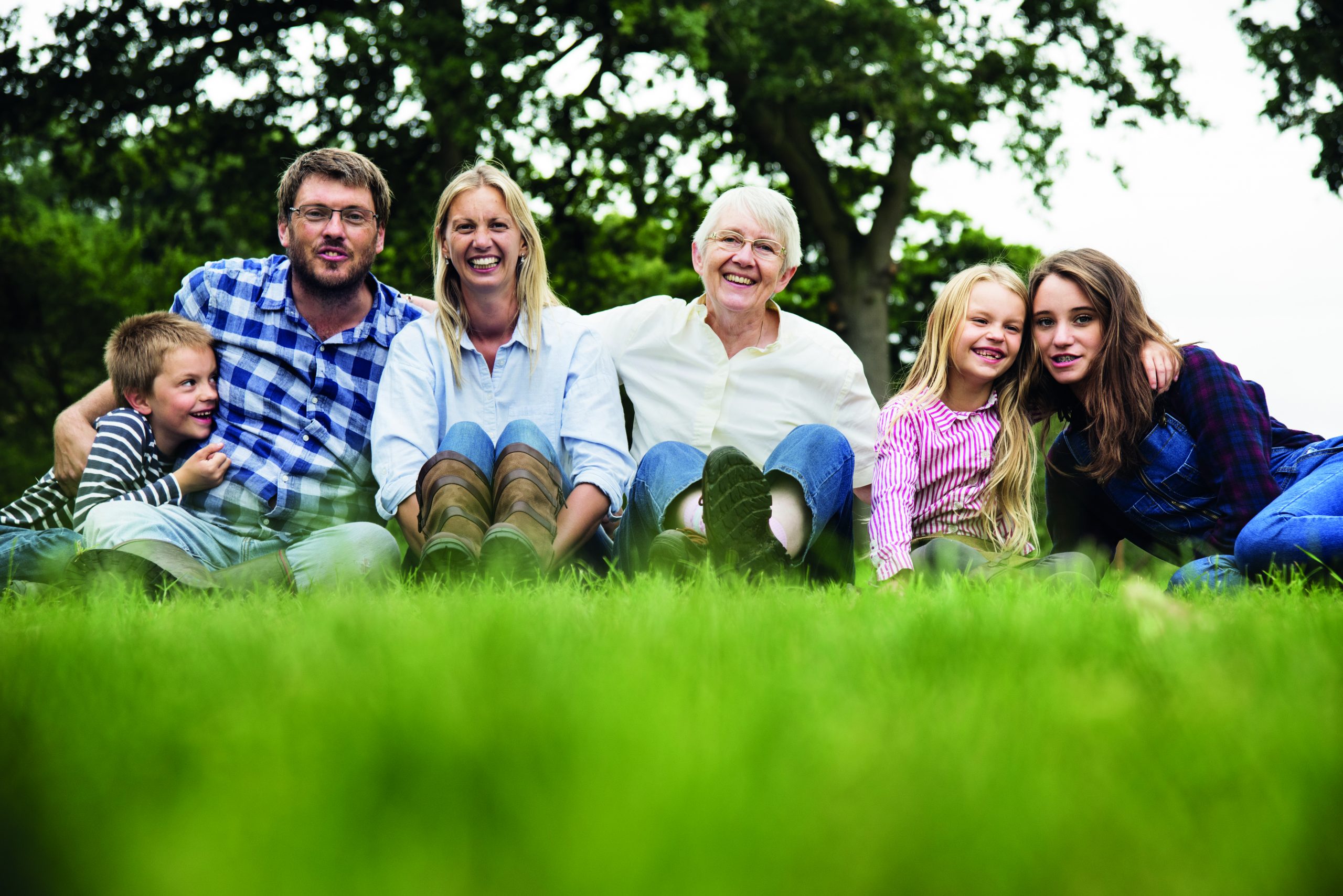 Glückliche Familie mit Eltern, Kinder und Oma auf einer Wiese sitzend und lachend